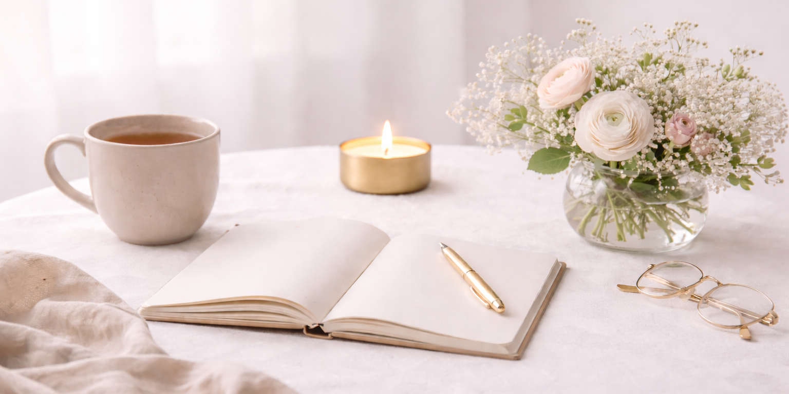 A calm, light-filled workspace with an open notebook, pen, warm tea, and soft flowers arranged on a white table.